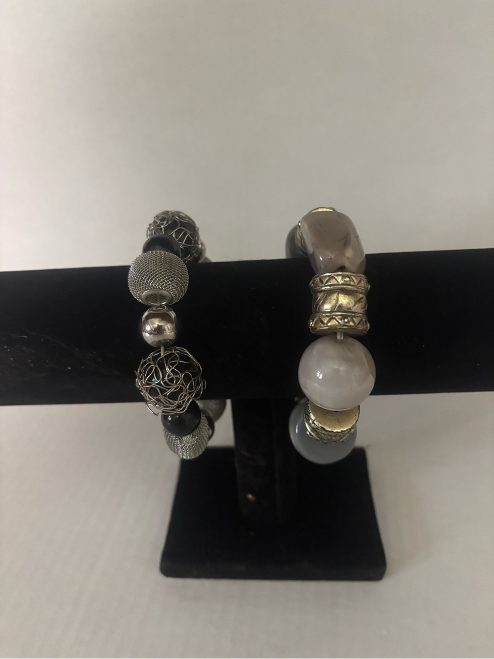 Gray and Silver Beaded Stretch Bracelet Duo - Women's Jewelry